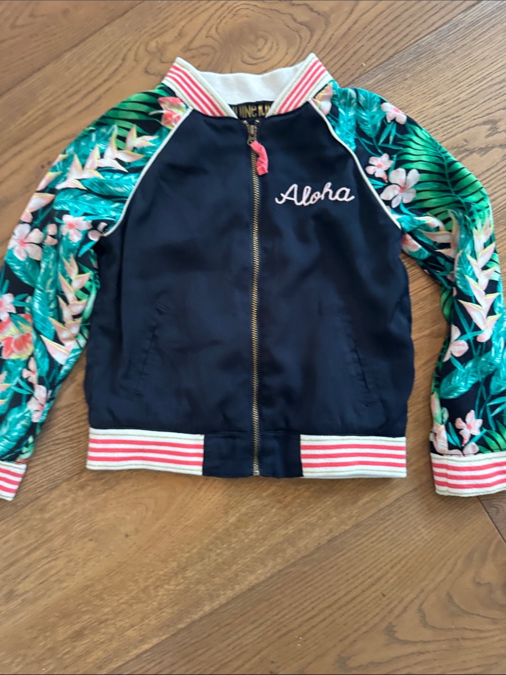 OshKosh B'gosh Navy Zip-Up Swim Rashguard with Tropical Green Floral Sleeves